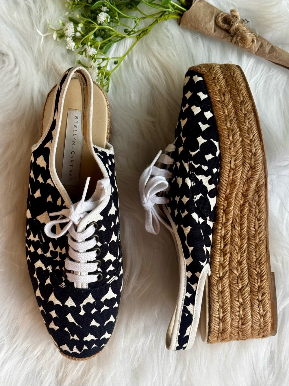Stella McCartney Espadrille Sandals Hearts Black White Spain Made 39 EU 8.5 US